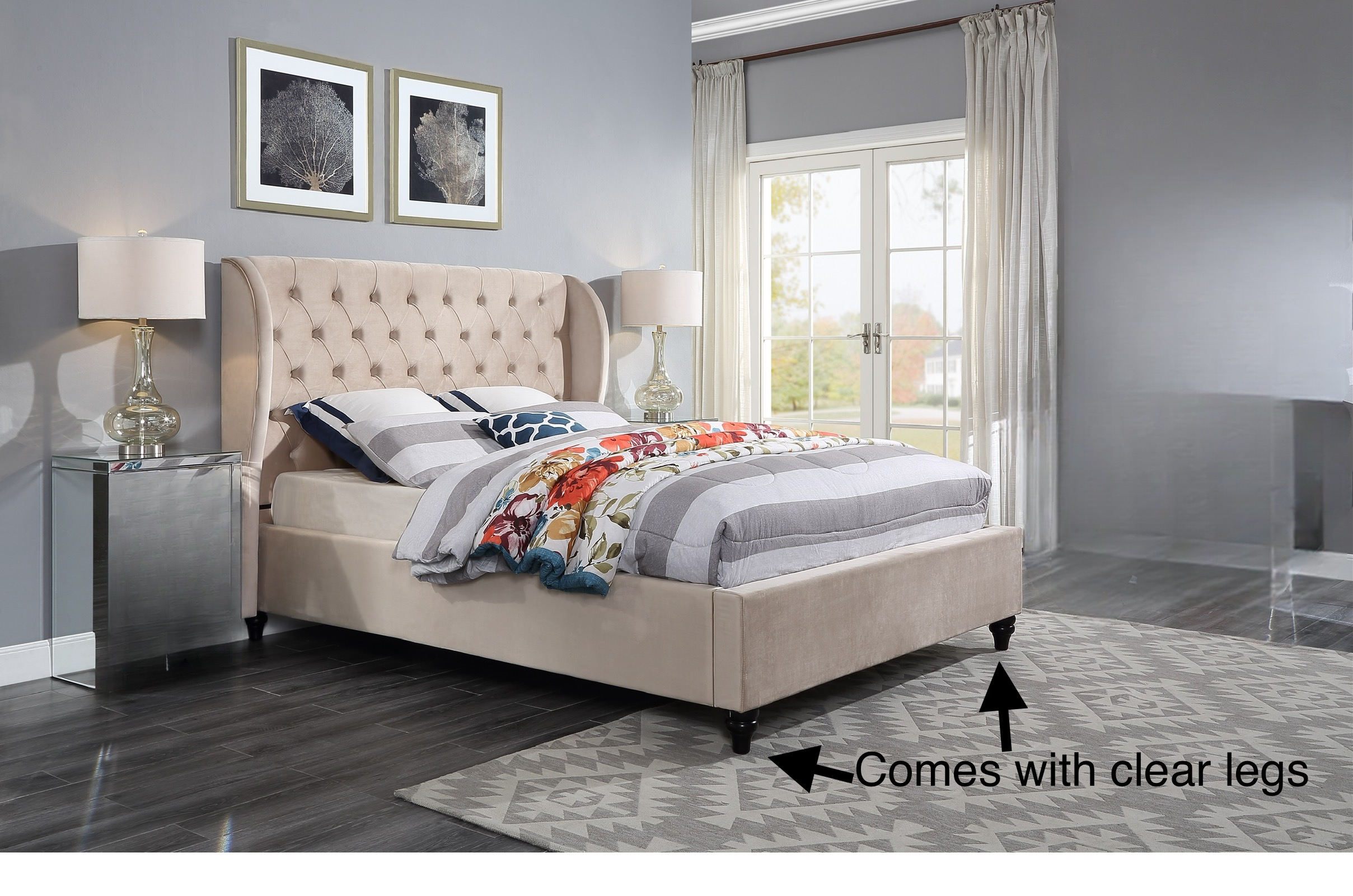 Colima Queen size bed frame beige - standard + type A WINGS + clear