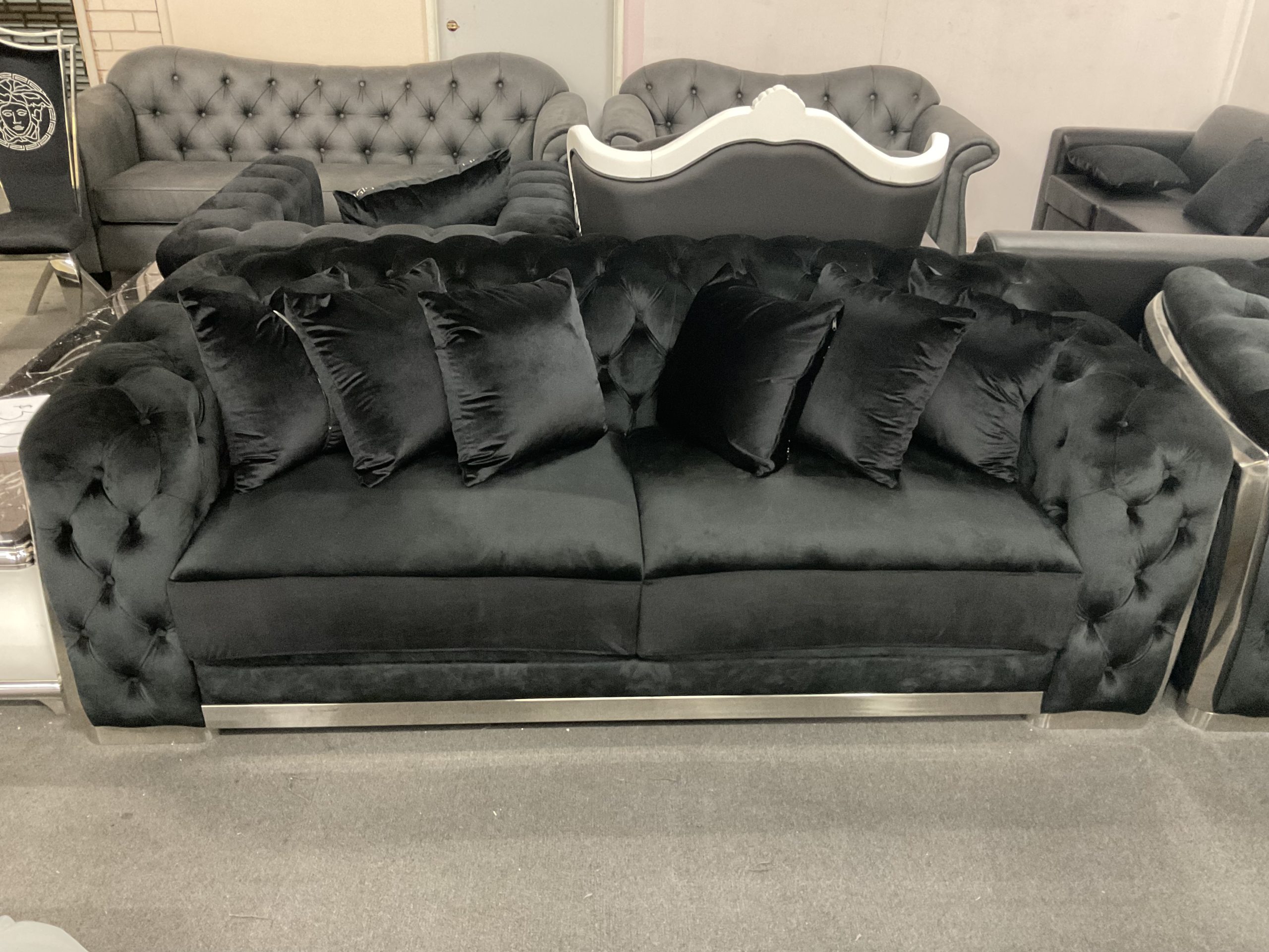 3 seater lounge black velvet & silver metal One Stop Furniture